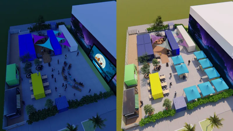 The Root outdoor marketplace rendering — day/night view