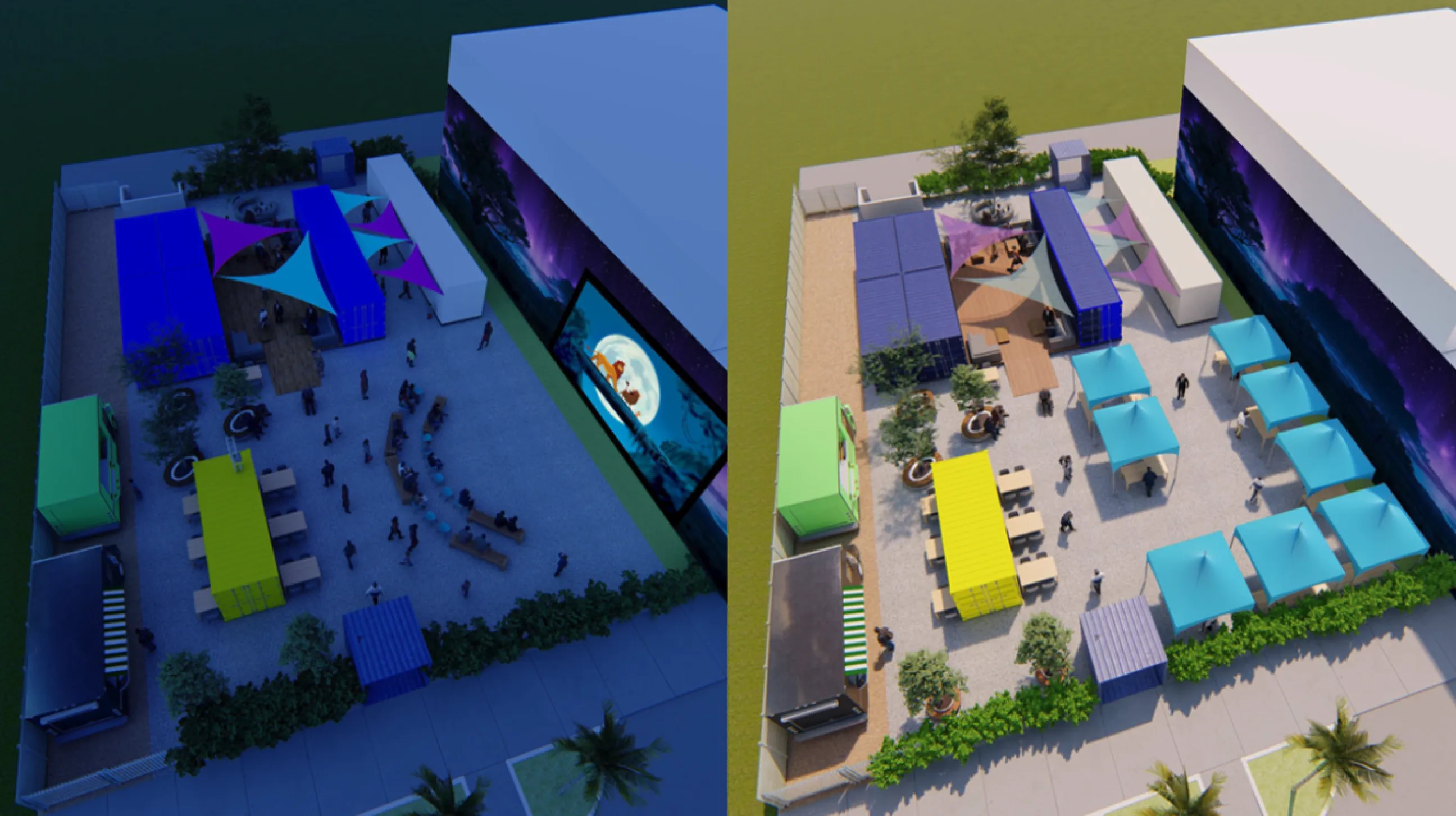The Root outdoor marketplace rendering — day/night view